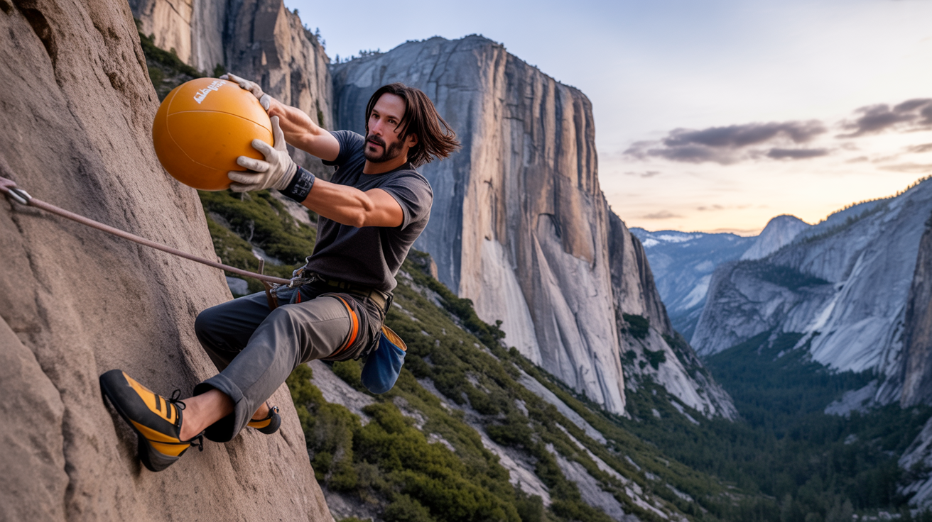 Mountain dodgeball athlete mid-throw launching a red ball at altitude.